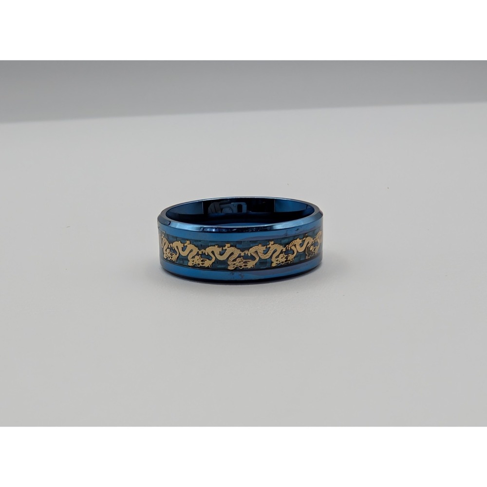 Blue Tungsten Carbide Ring Gold Dragon Inlay Carbon Fiber Band Size 9